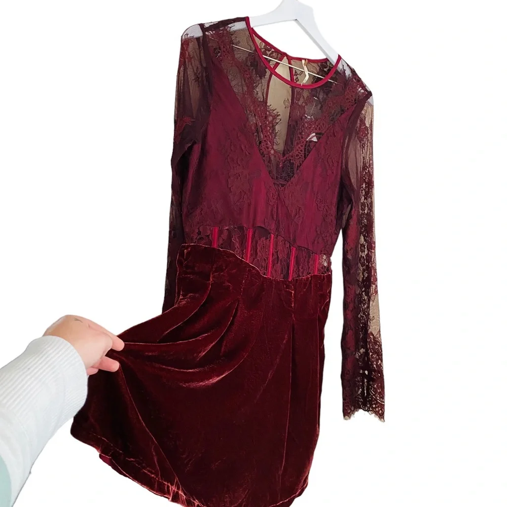 Free People NWT Marlie Lace Mini‎ Velvet Sheer Garnet Smocked Bell Sleeve Dress - Picture 6 of 13
